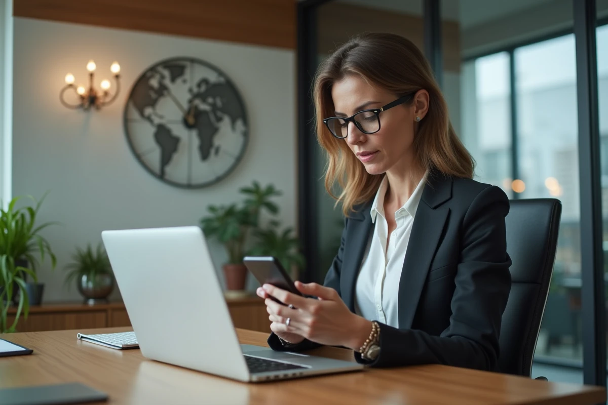 Femme d'affaires concentrée vérifiant son smartphone dans un bureau moderne