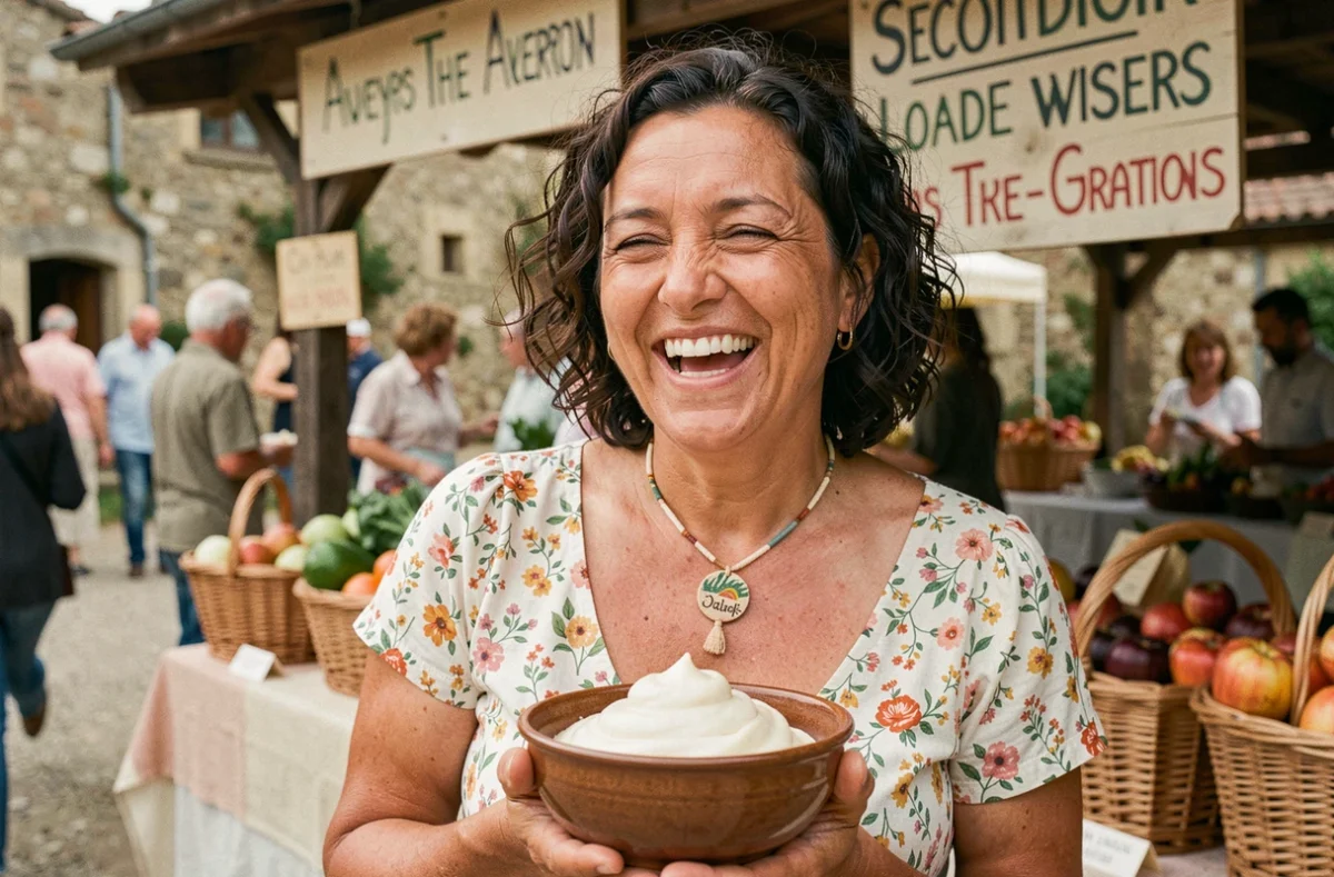 Femme souriante dégustant de l'aligot lors d'une fête locale en Aveyron avec marché artisanal en arrière-plan