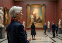 Peinture rare : Découvrez la plus recherchée du monde ! Femme âgée observant une peinture abstraite dans un musée