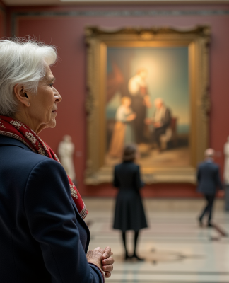 Femme âgée observant une peinture abstraite dans un musée