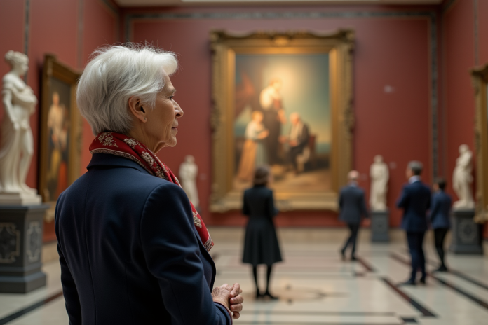 femme-ancienne-musee-oeuvre Femme âgée observant une peinture abstraite dans un musée