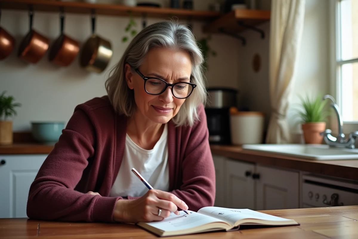 Femme mature lisant un guide de grammaire française sur la majuscule accentuée É dans une cuisine traditionnelle française, apprentissage typographique quotidien