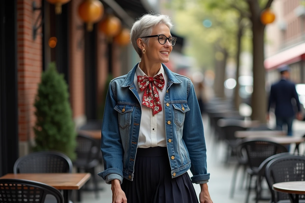 Femme avec noeud papillon floral marchant dans un café de ville en extérieur