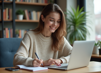 Les conseils avisés de SocialMediaGirl pour une utilisation intelligente des réseaux Jeune femme souriante dans un bureau moderne à domicile
