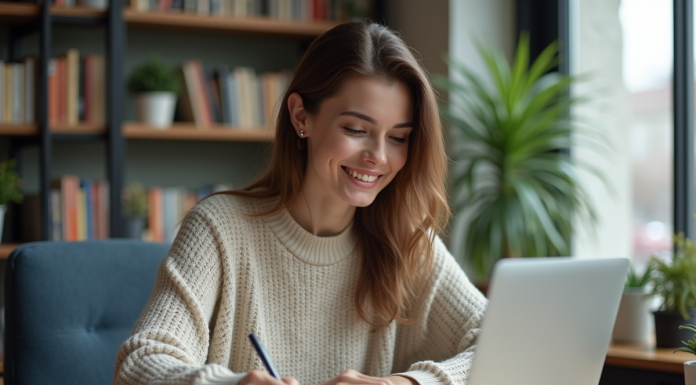 Jeune femme souriante dans un bureau moderne à domicile