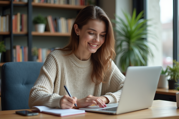 femme-bureau-home-office Jeune femme souriante dans un bureau moderne à domicile