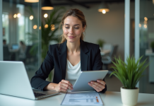 Femme d affaires consulte une facture digitale au bureau