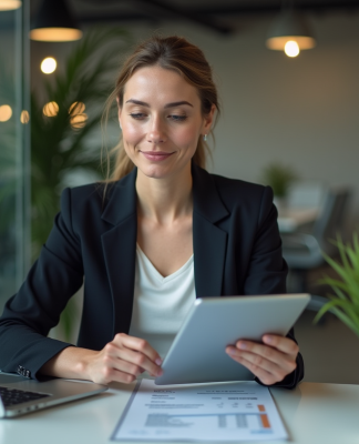 Femme d affaires consulte une facture digitale au bureau