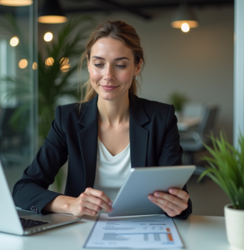 Comment optimiser le processus de paiement d’acompte du client pour une meilleure rentabilité Femme d affaires consulte une facture digitale au bureau