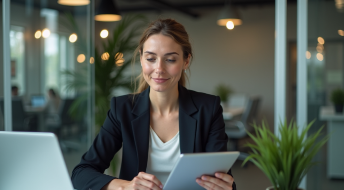 Femme d affaires consulte une facture digitale au bureau