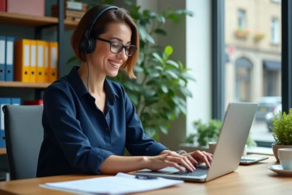 Femme souriante au bureau avec ordinateur portable et plantes