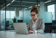 Femme concentrée travaillant sur son ordinateur en bureau moderne