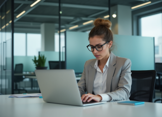 Cybersécurité : Intérêt d’une reconversion professionnelle dans ce domaine Femme concentrée travaillant sur son ordinateur en bureau moderne