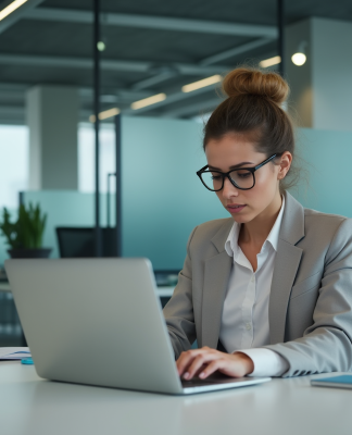 Femme concentrée travaillant sur son ordinateur en bureau moderne