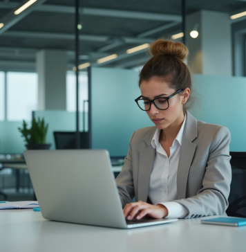 Femme concentrée travaillant sur son ordinateur en bureau moderne
