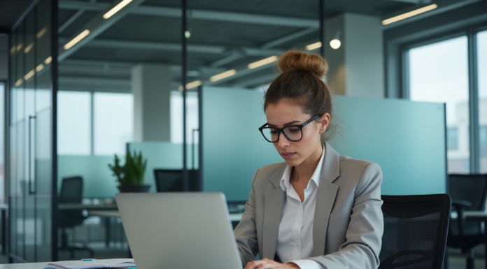 Femme concentrée travaillant sur son ordinateur en bureau moderne