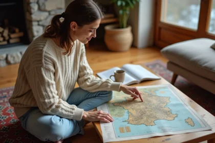 Femme consultant une carte des montagnes françaises pour planifier ses vacances, assise dans un chalet