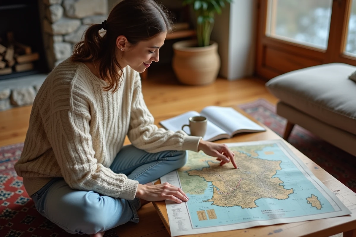 Femme consultant une carte des montagnes françaises pour planifier ses vacances, assise dans un chalet