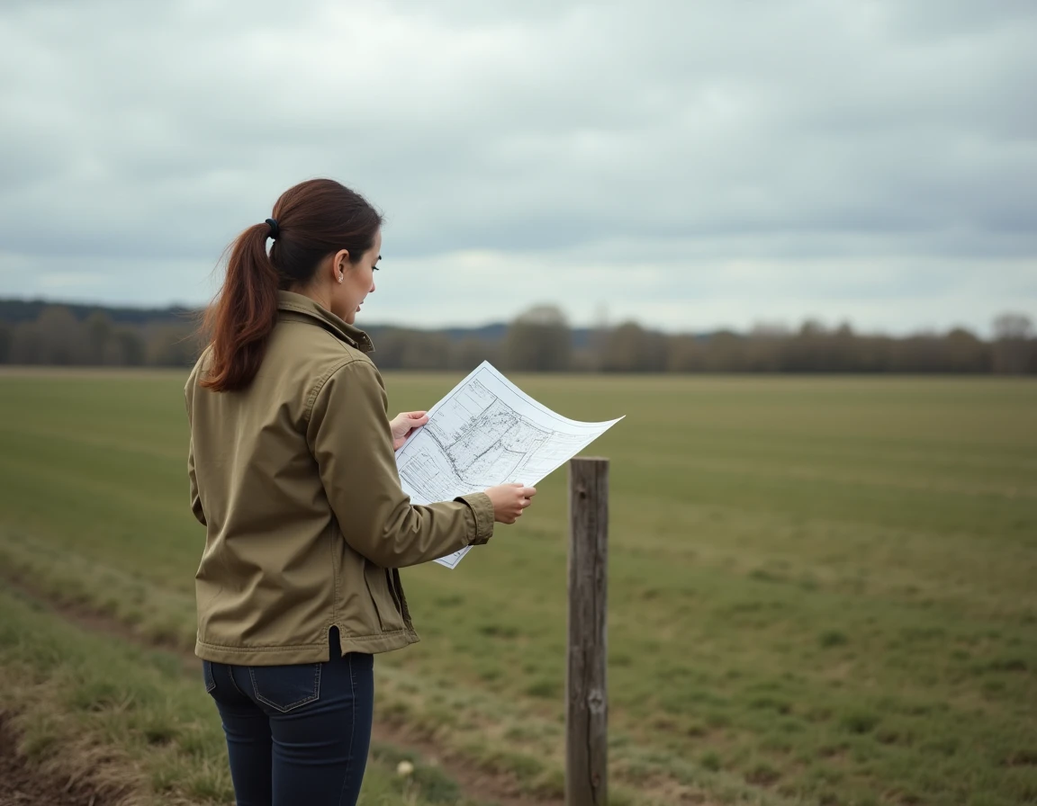 Femme consultant un plan de bornage sur un terrain agricole en milieu rural