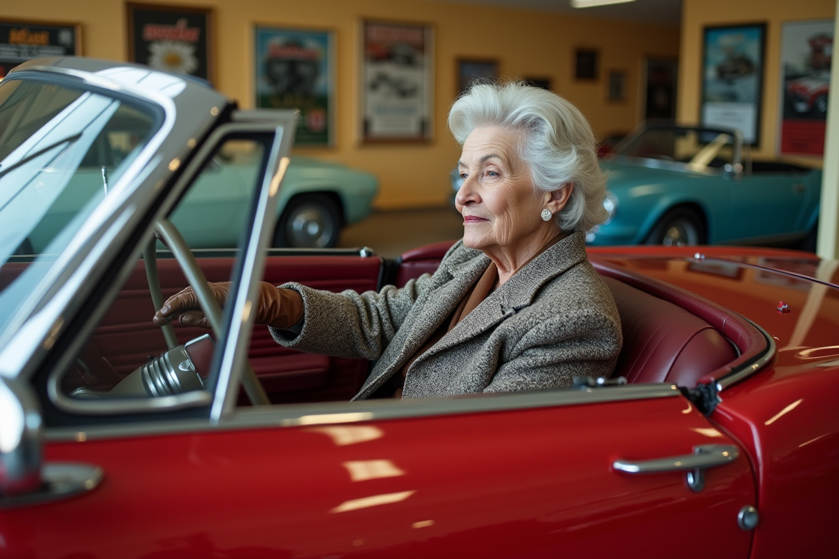 Femme âgée dans une voiture de collection au musée