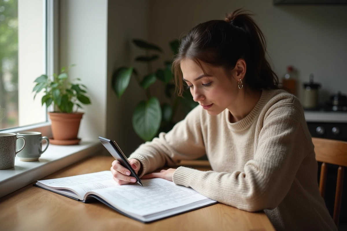 Jeune femme résolvant un puzzle croisé dans la cuisine