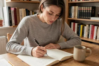 Femme écrivant dans un cahier ouvert à son bureau, illustrant la réflexion sur l'orthographe de 'fait partie' en français