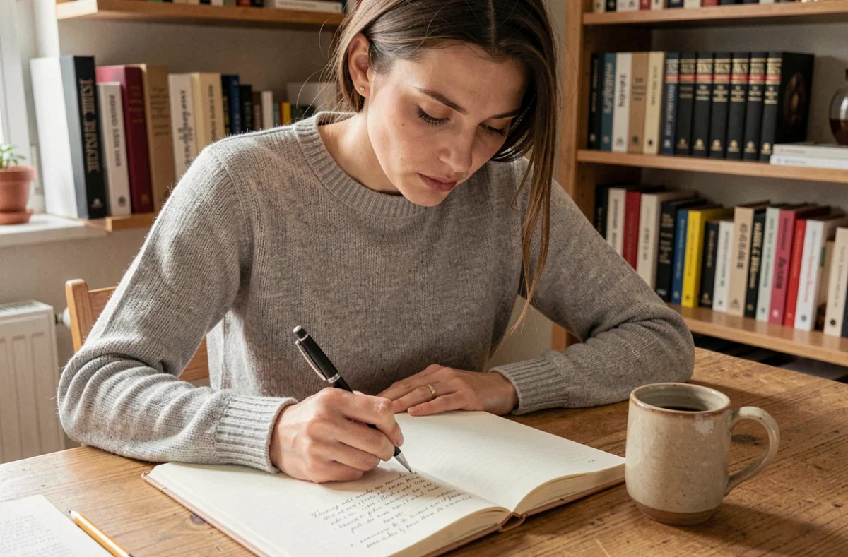 Femme écrivant dans un cahier ouvert à son bureau, illustrant la réflexion sur l'orthographe de 'fait partie' en français