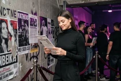 Femme élégante devant l'entrée d'un club techno parisien tenant un flyer de soirée