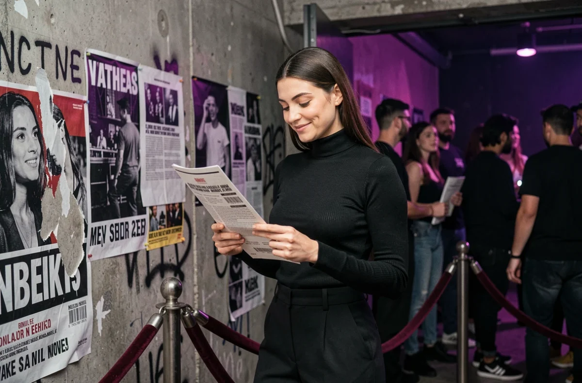 Femme élégante devant l'entrée d'un club techno parisien tenant un flyer de soirée