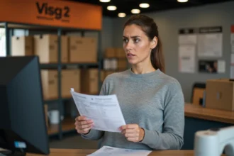 Femme réclamant un colis bloqué au guichet d'une agence GLS France