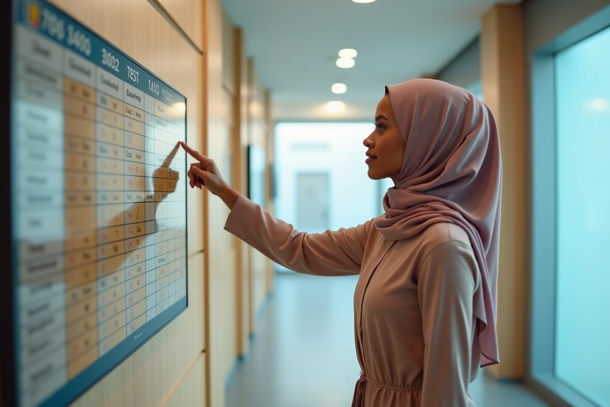 Femme voilée consultant un tableau des horaires de prière islamique avec Chourouq affiché dans un centre communautaire