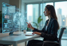 Jeune femme en bureau utilisant interface holographique