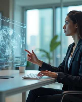 Jeune femme en bureau utilisant interface holographique