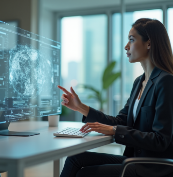 Jeune femme en bureau utilisant interface holographique