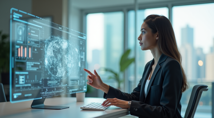 Jeune femme en bureau utilisant interface holographique