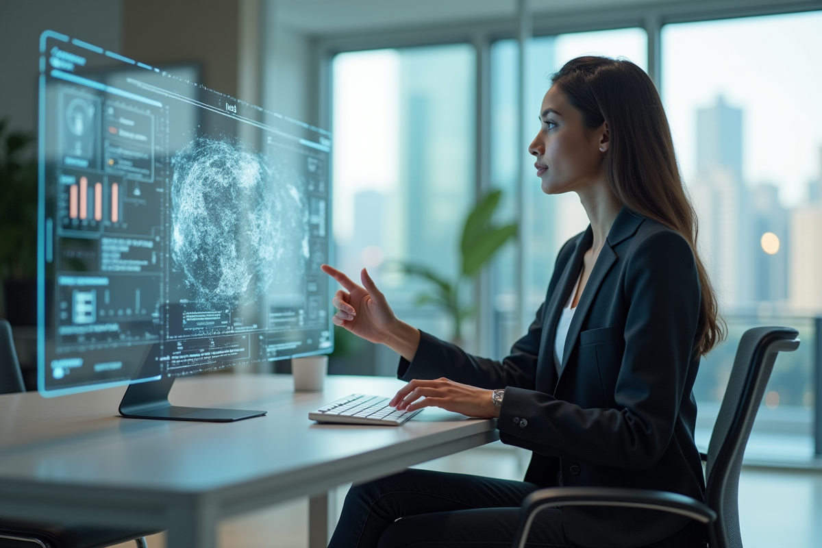 Jeune femme en bureau utilisant interface holographique