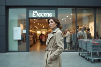 Femme lisant les horaires d'ouverture affichés sur la porte d'entrée d'un grand magasin en ville