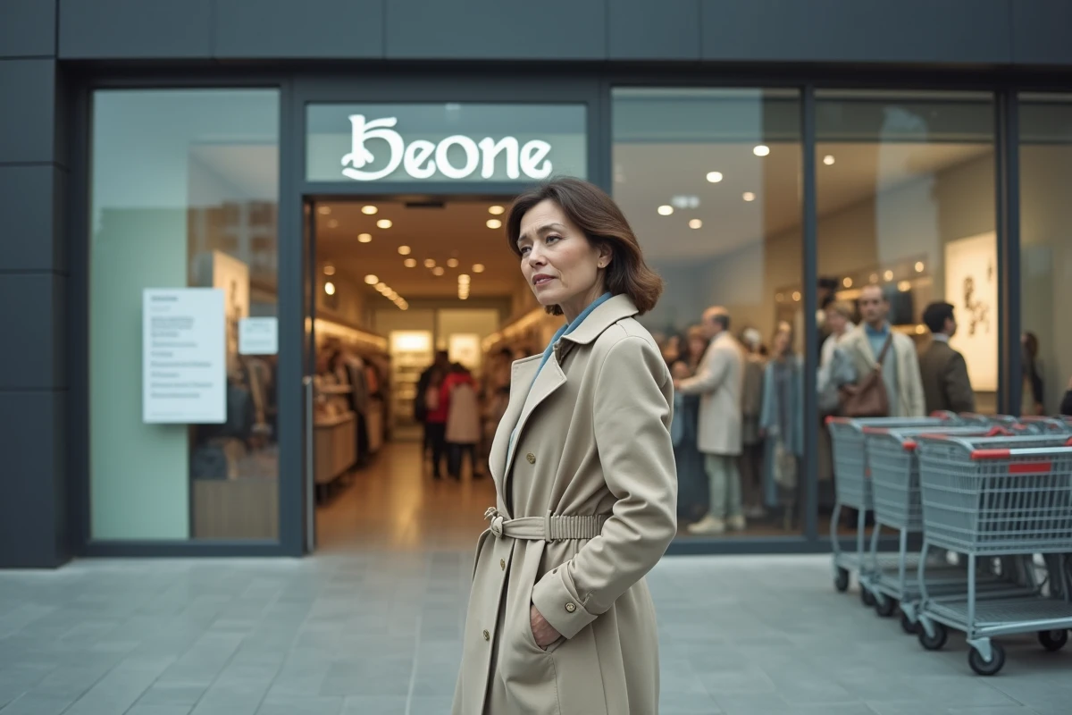 Femme lisant les horaires d'ouverture affichés sur la porte d'entrée d'un grand magasin en ville
