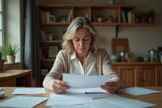 Femme inquiète examinant une lettre sur la table