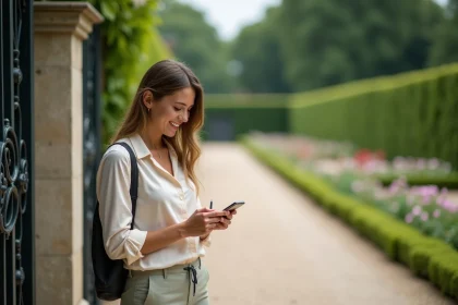 Femme souriante prenant des notes dans un parc de Baguatelle