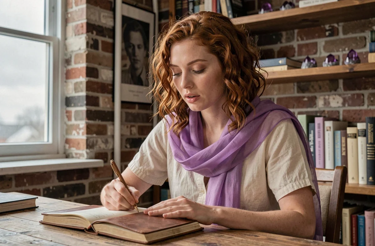 Jeune femme écrivant dans un journal intime entourée de gemmes violettes illustrant la signification de l'aura violette