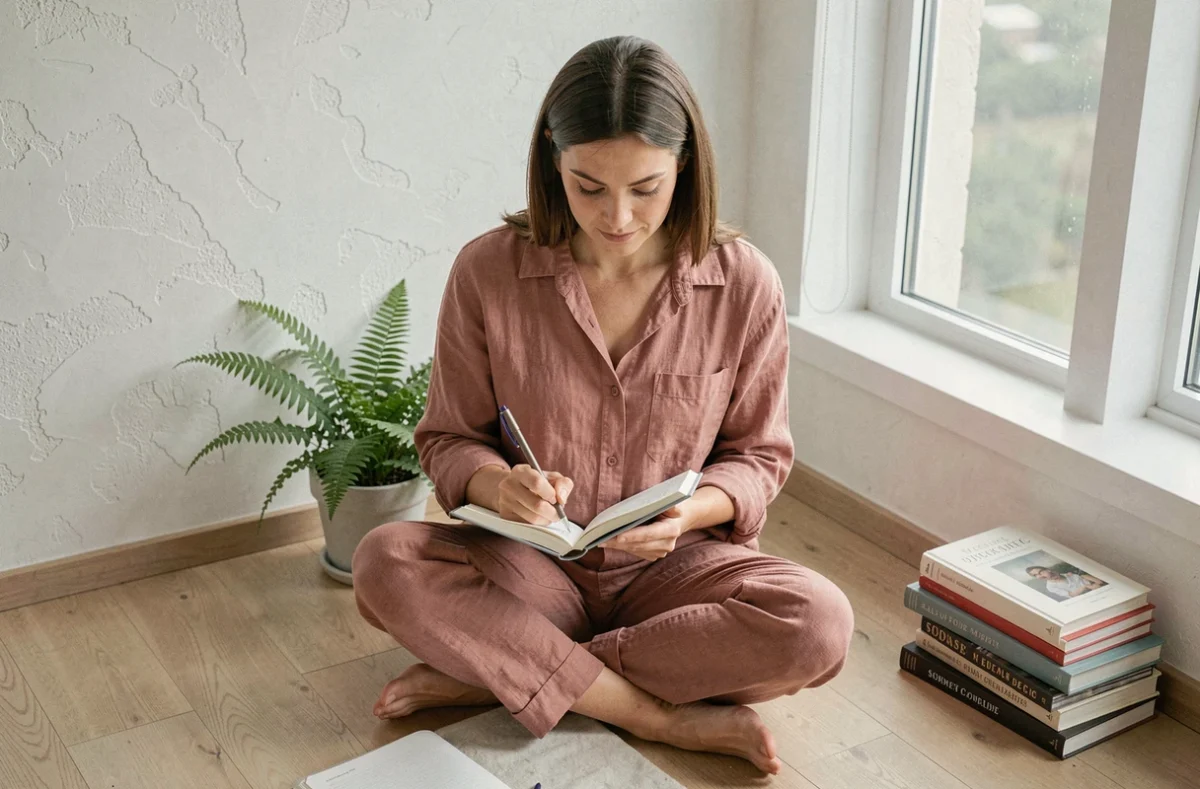Femme écrivant dans un journal intime sur le sol d'un salon minimaliste, atmosphère apaisante, illustrant le chemin vers la guérison émotionnelle et la confiance en soi