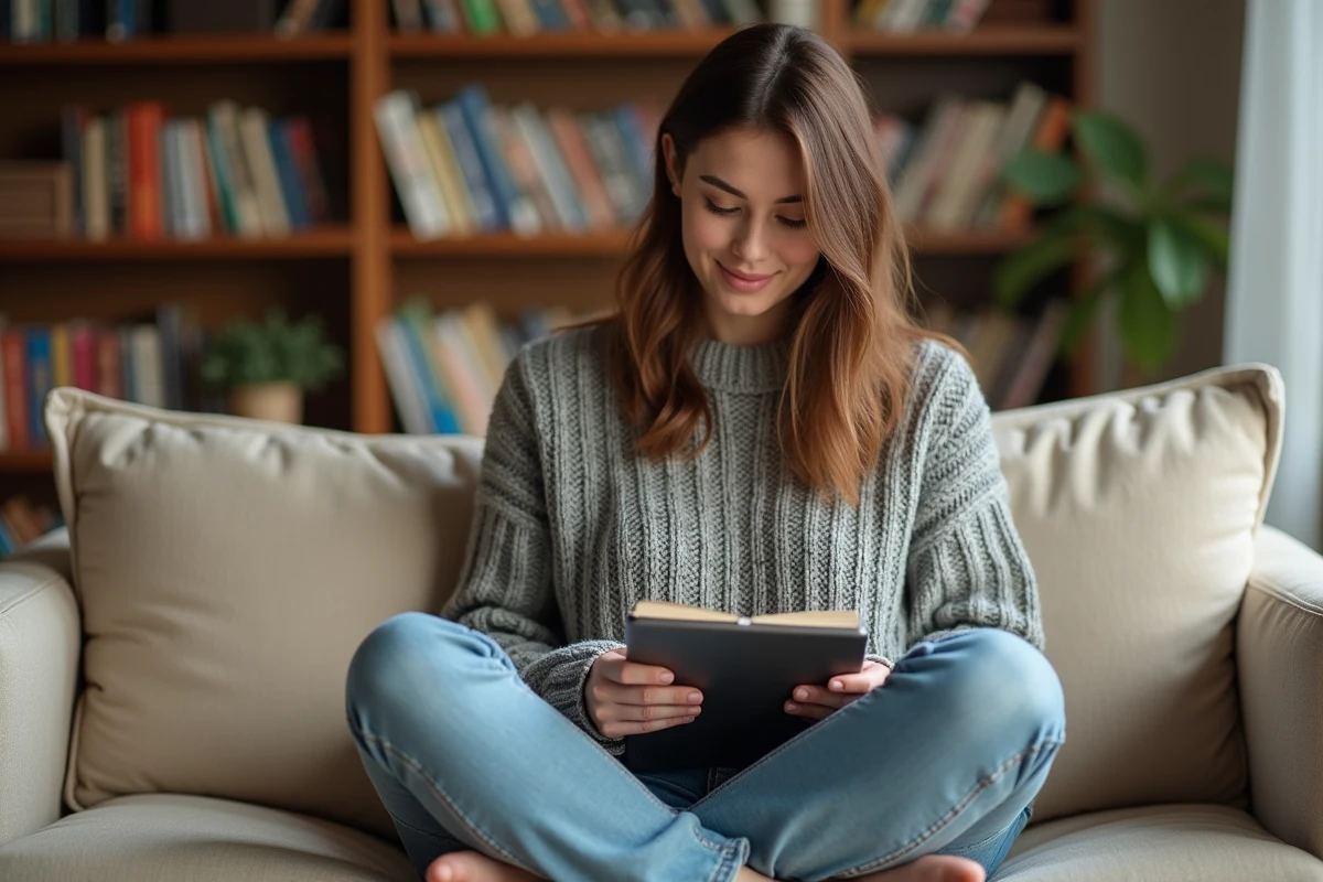 Femme lisant des séries manga sur une tablette installée confortablement dans son salon, illustrant l'utilisation d'un compte de lecture en ligne