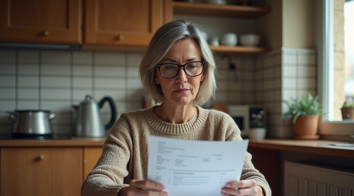 Femme française âgée lisant des documents fiscaux à la maison