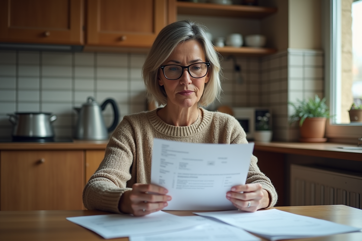 Femme française âgée lisant des documents fiscaux à la maison