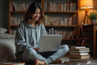 Jeune femme parcourant un site de scan manga sur son ordinateur portable entourée de volumes manga empilés sur un plancher en bois