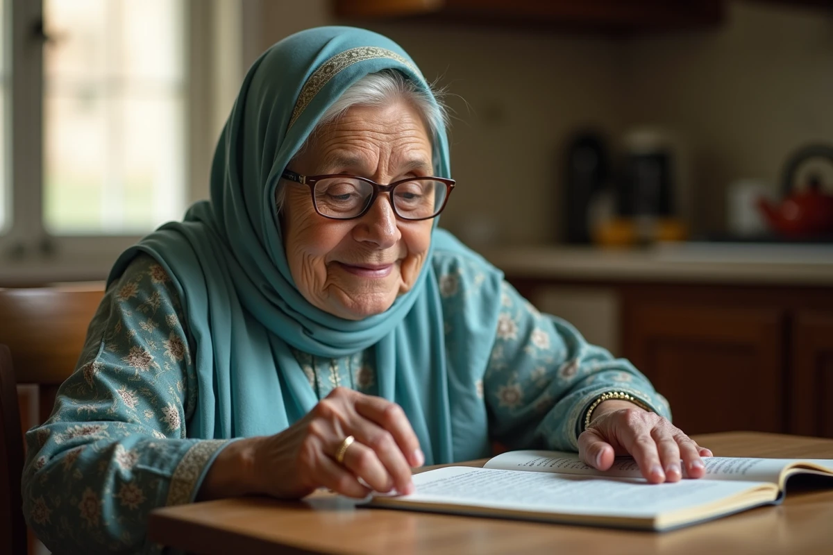 Femme âgée pointant les versets du Quran à table