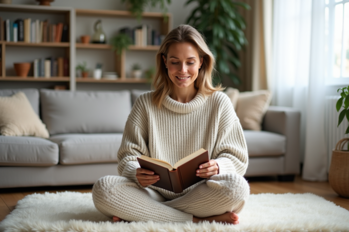 Femme d'âge moyen lisant un livre dans un salon chaleureux