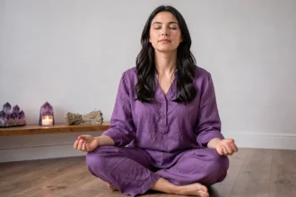 Femme méditant entourée de cristaux d'améthyste symbolisant l'aura violette et la spiritualité