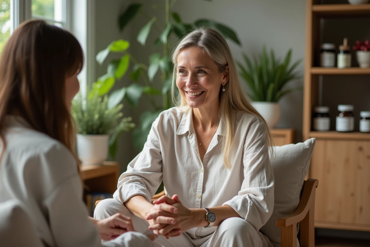 Femme d'âge moyen en tenue naturelle consulte une naturopathe